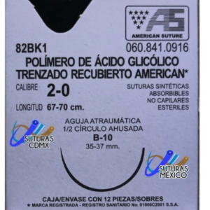Suturas. Sintéticas absorbibles de poligliconato con aguja. Longitud de la hebra: 67-75 cm Calibre de la sutura: 2-0 Características de la aguja: 1/2 círculo ahusada (25-27 mm).Envase con 12 piezas.